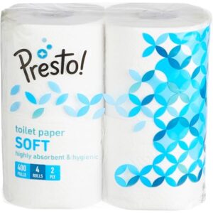 Presto! 2 Ply Toilet Tissue Paper, 100% Natural virgin paper – Pack of 4 (400 Pulls per Roll)