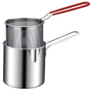 Small Deep Frying with Strainer Basket, 1200 ml Stainless Steel Fry Pan with Handle, Mini Oil Fryer Pan for French Fries, Chicken Wings, Shrimp, Fish, Pasta, Sauce and Kitchen Cooking
