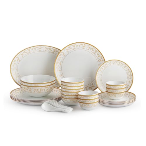 CELLO Amber Gold Divine Series Opalware Dinner Set of 33 Pieces for Family of 6 | Bone-Ash Free & Leadfree Opal Glass, Microwave & Dishwasher Safe Plates & Bowls Crockery Set for Dining & Gifting