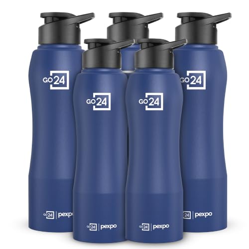 Go24 pexpo Stainless Steel Water Bottle Bistro Denim Blue 1000ml Pack of 5 | Sipper Cap, Lightweight single wall fridge Bottle leakproof lid, BPA-free, durable, ideal for school, office, gym, travel