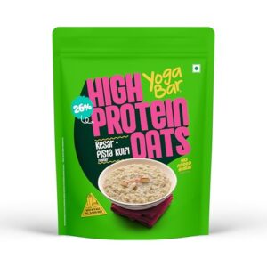 Yogabar 26g High Protein Oats 1kg , Kesar Pista Kulfi – Breakfast Cereal with Wholegrains, 26% Protein & No added sugar – Oats High Protein for Gym- Premium Protein Blend with Whey Protein Powder – with Goodness of Chia, Sunflower & Pumpkin Seeds & Probiotics for Absorption