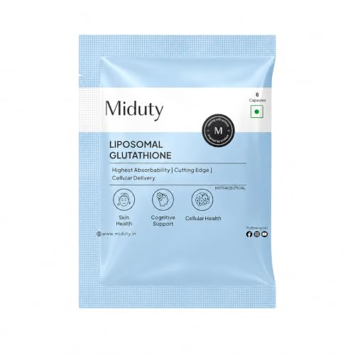 Miduty Liposomal Glutathione 600 mg - Highest Bioavailability & Absorbability - Cellular & Face Health - Helps in Skin Hydration & Skin Glow - Liver Health & Detoxification Support - 6 Veg Capsules