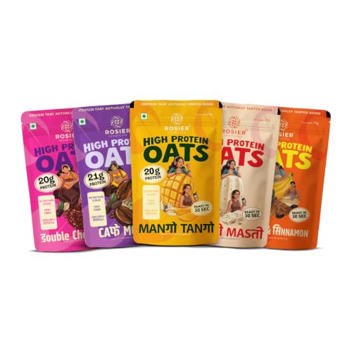 ROSIER High Protein Oats Assorted Pack | 21g Protein | Banana Cinnamon, Cafe Mocha, Double Chocolate, Kulfi & Mango | Instant Healthy Breakfast | 5 x 77g Ready-to-Eat Pouches