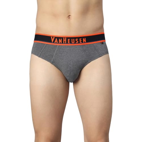Van Heusen Cotton Men Colour Fresh Briefs - Neon Elasticized Waistband, Ultra Soft_10013_Charcoal Melange W Neon Orange_S, Small