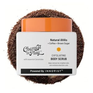 Chemist At Play Exfoliating Body Scrub for Removing Tan & Dead Cells | Rough & Bumpy Texture, Tanned & Pigmented Areas | Smooth, Soft & Bright Care | Natural AHAs | Coffee | For Men & Women | 75g