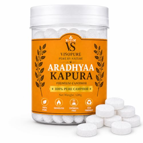 Visopure | Aradhyaa Camphor Tablet 100g Jar - Pack of 1 | 100% Pure | for Puja, Festivals & Other Religious Ritual | No Dangerous Chemicals | Leaves No Residue Or Ash