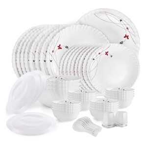 Cello Opalware Dazzle Series Lush Fiesta Dinner Set, 49Pcs | Opal Glass Dinner Set for 8 | Light-Weight, Daily Use Crockery Set for Dining | White Plate and Bowl Set