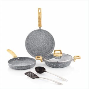 Amazon Basics Granite Finish Non Stick 5 Pcs Induction Base Cookware Set-Granito Grey (24cm Fry Pan, 24 cm Kadai, 28cm Tawa and 2 Nylon Spatulas)