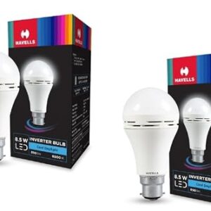 Havells 8.5w LED Emergency Bulb | Shatter Resistant |Cool Day White (6500K) | B22 LED Bulb Base | Inverter Bulb for home,3 Hours battery back up| Li-ion Battery | Over charging Protection (PACK OF 2)