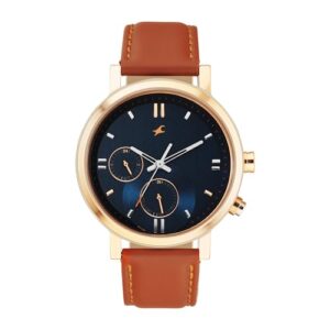 Fastrack Tick Tock Quartz Multifunction Blue dial Tan Leather Strap Watch for Guys – NT3287KL03