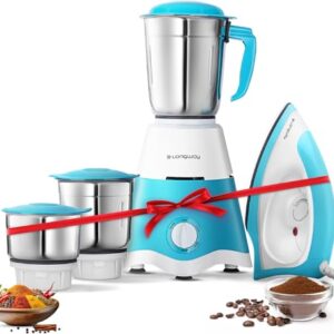 Longway Super Dlx Mixer Grinder with Kwid 1100W Dry Iron | 500 Watt Powerful Motor | 3 Jars for Grinding, Mixing, Juicing | 2 Year Warranty (Blue & White, Combo Offer)