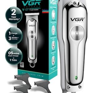 VGR V-071 Professional Beard Trimmer for Men, 2X Fast Charging, USB Type C, 120 Min Runtime, Hair Trimmer, Cordless, 3 Length Settings, 2 Year Warranty (Silver)