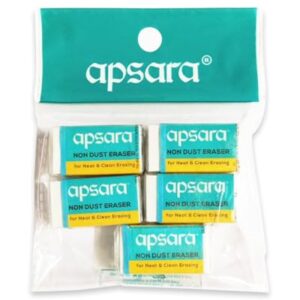 Apsara Non-Dust Erasers | Clean, Dust Free & Good Erasing | Soft Erasers | use for School, College & Artist Student | 5 Pcs Pouch
