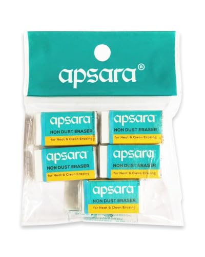 Apsara Non-Dust Erasers | Clean, Dust Free & Good Erasing | Soft Erasers | use for School, College & Artist Student | 5 Pcs Pouch