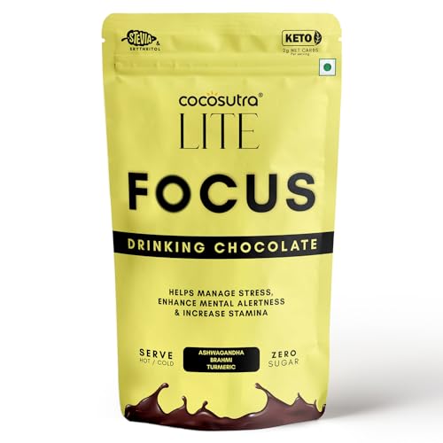 Cocosutra FOCUS - Sugar Free Ashwagandha Drinking Chocolate Mix | Enhances Mental Alertness & Reduces Stress | Keto Friendly | Enjoy hot or cold | 200 g