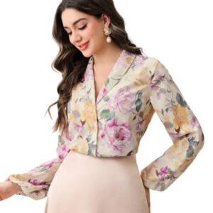 LITZO Women’s Shirt – Korean Style Long Sleeve Button Down | Plus Size Formal & Casual Top | Office Wear Blouse for Ladies | Stylish Western Oversized Workwear (L-175-XL)