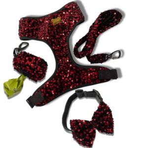 A+a Pets’ Sequins Set of 5- Harness, Leash, Collar, Bow & Poo Bag Pouch for Dogs and Cats (M, Red)