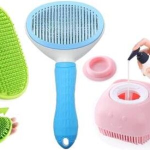 PETJOY Dog Grooming Kit – 3-in-1 Pet Grooming Combo with Self-Cleaning Slicker Brush, Silicone Bath Brush & Shampoo Dispenser | Dog & Cat Grooming Tools for Shedding, Bathing & Coat Care