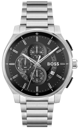 BOSS Peak 2.0 Qtz Chrono Black Round Dial Men's Watch|Stainless Steel Material|Silver Color Band - 1514191