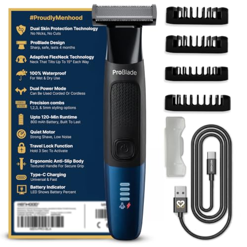 MENHOOD ProBlade 3-in-1 Hybrid Beard Trimmer Shaver for Men Trim Style Shave Adaptive Flex Neck 120 Min Runtime USB-C LED Indicator Dual Protection Waterproof Multi-Comb