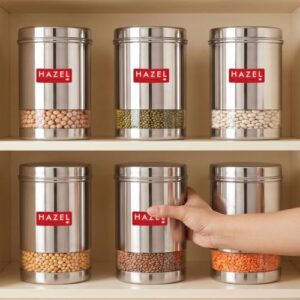 HAZEL Stainless Steel Kitchen Container | 1200 ml Each Transparent Kitchen Container Set with Glossy Finish | Multipurpose Airtight Container for Kitchen Storage organizer, Set of 6