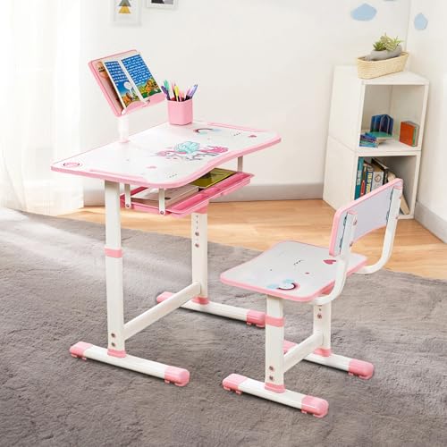Amazon Brand -Jam & Honey Kids Functional Desk and Chair Set,Height Adjustable Children School Study Table with Book Holder Slot|Age 3+Years(Pink|Iron & Wood,H:35.5x40x32.5cm(chair) 63x43x69cm(table)