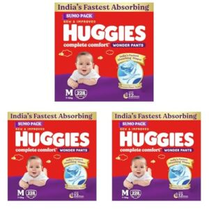 Huggies Complete Comfort Wonder Pants | Pant Style Baby Diapers Medium Size (M), 228 Count | India’s Fastest Absorbing Diaper, Prevents Diaper Rash, Ideal for 7 to 12 Kgs (76 Count, Pack of 9)