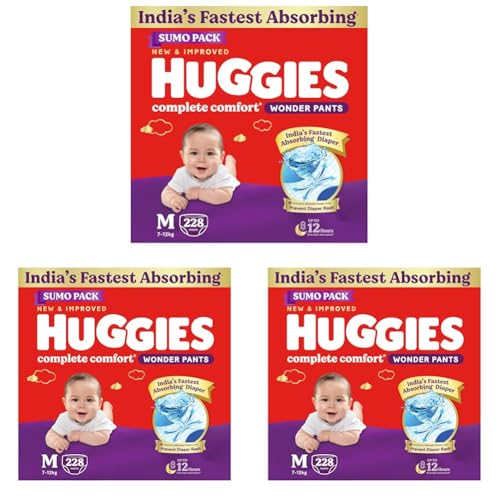 Huggies Complete Comfort Wonder Pants | Pant Style Baby Diapers Medium Size (M), 228 Count | India's Fastest Absorbing Diaper, Prevents Diaper Rash, Ideal for 7 to 12 Kgs (76 Count, Pack of 9)