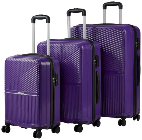 Teakwood Set of 3 8 Wheels Trolley Bag, Hard Cabin with Zipper Closure, Adjustable Push Button & Cross Side Strap, Number Lock System 360 Degree (Set of 3, Purple)