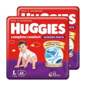 Huggies Complete Comfort Wonder Pants | Pant Style Baby Diapers Large Size (L), 84 Count | India’s Fastest Absorbing Diaper, Prevents Diaper Rash, Ideal for 9 to 14 Kgs (42 Count, Pack of 2)