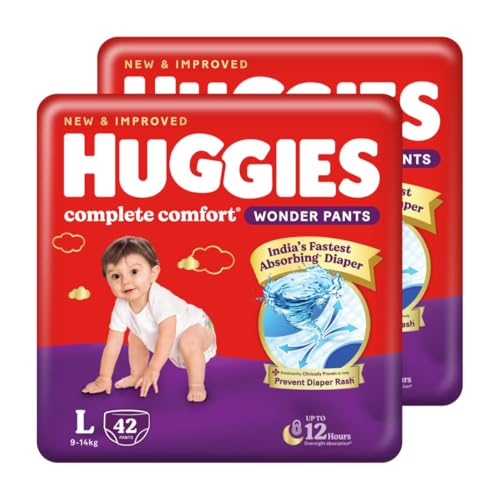 Huggies Complete Comfort Wonder Pants | Pant Style Baby Diapers Large Size (L), 84 Count | India's Fastest Absorbing Diaper, Prevents Diaper Rash, Ideal for 9 to 14 Kgs (42 Count, Pack of 2)
