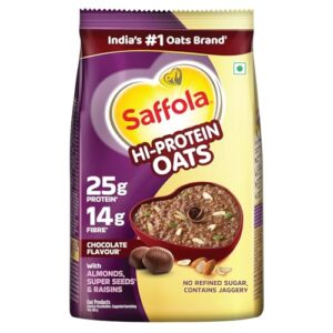 Saffola 25g High Protein Oats | 14g Fibre | 1kg | No Refined Sugar | With Almonds, Raisin, Pumpkin and Chia Seeds | Rolled Oats for Weight management & Muscle gain | Chocolate flavour