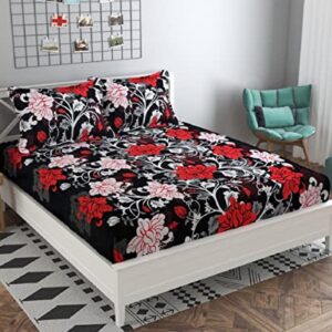 VORDVIGO 3D Polycotton Double Bed Bedsheet with Two Pillow Covers_Size-90 * 90 inch (Red & White Flower Design)