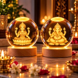One94Store Ganesh & Lakshmi 3D Crystal Night Lamp Set | USB LED Light with Wooden Base | Spiritual Home & Temple Décor | Festive Gift for Diwali, Housewarming & Puja (Combo)