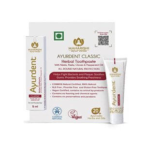 Maharishi Ayurveda Ayurdent Classic Toothpaste | Unique Saliva Balancing Formula | For Toothache, Bleeding Gums, Sensitivity, Cavities, Plaque & Bad breath | Non Foaming, SLS & Fluoride Free | 5 ml
