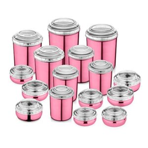 JENSONS 16 PCS Stainless Steel Canister Set (8) & Belly Storage Set (8) in Pink Lacquered Color with White PC lids -8+8=16 Pcs Set