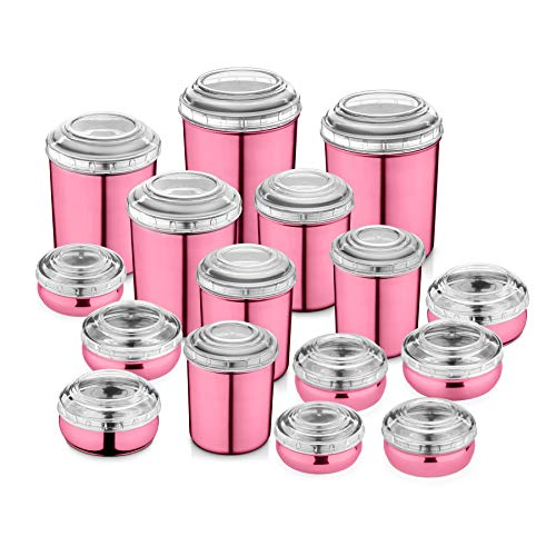 JENSONS 16 PCS Stainless Steel Canister Set (8) & Belly Storage Set (8) in Pink Lacquered Color with White PC lids -8+8=16 Pcs Set