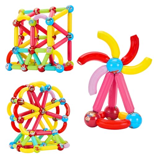 Amazon Brand - Jam & Honey Magplay Roundle|96-Piece Magnetic Sticks and Blocks Building Set - Educational Stem Toy for Toddlers (3+ Years) - Montessori Learning and Construction Blocks Kit,Multicolor
