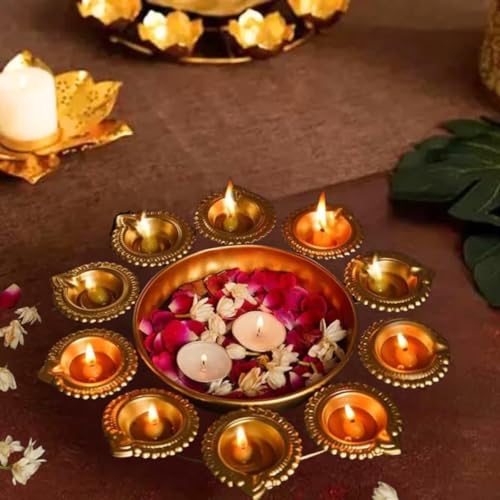 Diya Urli Diya & Flower Floating Decorative Bowl for Floating Flowers and Tea Light Candles Home,Office and Table Decor| Diwali Decoration Items, Metal, Gold Finish. 10 inches