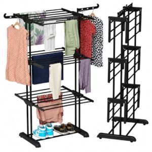 TEX-RO Clothes Drying Stand for Balcony | Cloth Dryer Stand | Cloth Stand for Drying Clothes Foldable | MS Pipe Clothes Hanging Stand | Portable Cloth Rack for Indoor (3 Layer, Black)