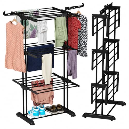 TEX-RO Clothes Drying Stand for Balcony | Cloth Dryer Stand | Cloth Stand for Drying Clothes Foldable | MS Pipe Clothes Hanging Stand | Portable Cloth Rack for Indoor (3 Layer, Black)