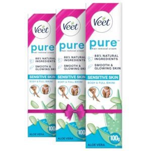 Veet Pure Hair Removal Cream for Women For Sensitive Skin – 100g (Pack of 3)| Suitable for Legs, Underarms, Bikini Line, Arms | Long Lasting Smoothness