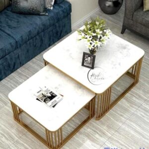 Furniture Cafe Square Nesting Coffee Table Set of 2 with White Marble Look Top & Gold Metal Frame | Modern Stackable Center Tables for Living Room, Bedroom, Balcony & Apartment (White & Black & Gold)