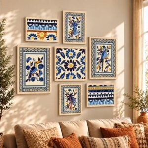 PAINTINGMANTRA Set of 7 Indian Wall Art Prints of Blue Birds with Flower Ritual theme Framed Vintage Poster for Home, Living room, Bathroom & Hotel Decor (Size: 9.3×12.7, 13×13 & 12.7×17.5 Inch)