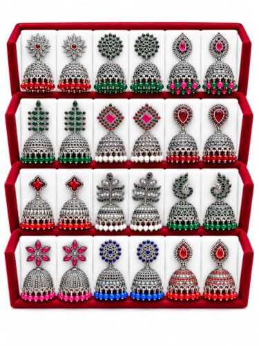 Trivik 24 Pcs Jhumka Earrings Set for Women Girls, 12 Pair Random Designs Gold Colour Jewellery Gift Box (Slver 12 pair)