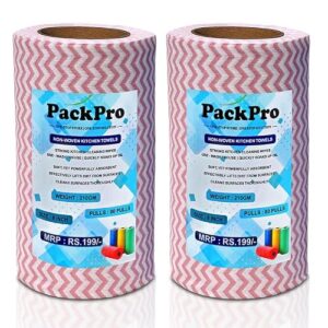 PackPro Non-Woven Kitchen Towel Roll | Red | 160 Pulls | 80 Pulls x 2 Rolls | Washable, Eco-Friendly, Disposable Cleaning Towels for Home, Office, and Kitchen Use | Soft & Highly Absorbent