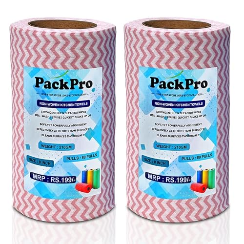 PackPro Non-Woven Kitchen Towel Roll | Red | 160 Pulls | 80 Pulls x 2 Rolls | Washable, Eco-Friendly, Disposable Cleaning Towels for Home, Office, and Kitchen Use | Soft & Highly Absorbent