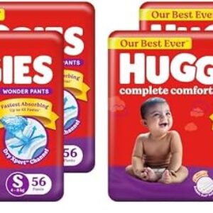 Huggies Complete Comfort Wonder Pants | Pant Style Baby Diapers S Size, 112 Count | India’s Fastest Absorbing Diaper, Patented Dry Xpert Channel, Ideal for 4 to 8 Kgs (Pack of 2)