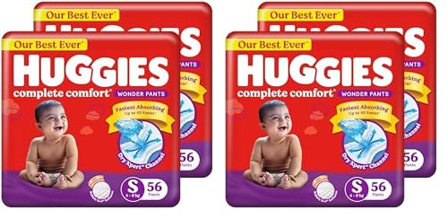 Huggies Complete Comfort Wonder Pants | Pant Style Baby Diapers S Size, 112 Count | India's Fastest Absorbing Diaper, Patented Dry Xpert Channel, Ideal for 4 to 8 Kgs (Pack of 2)